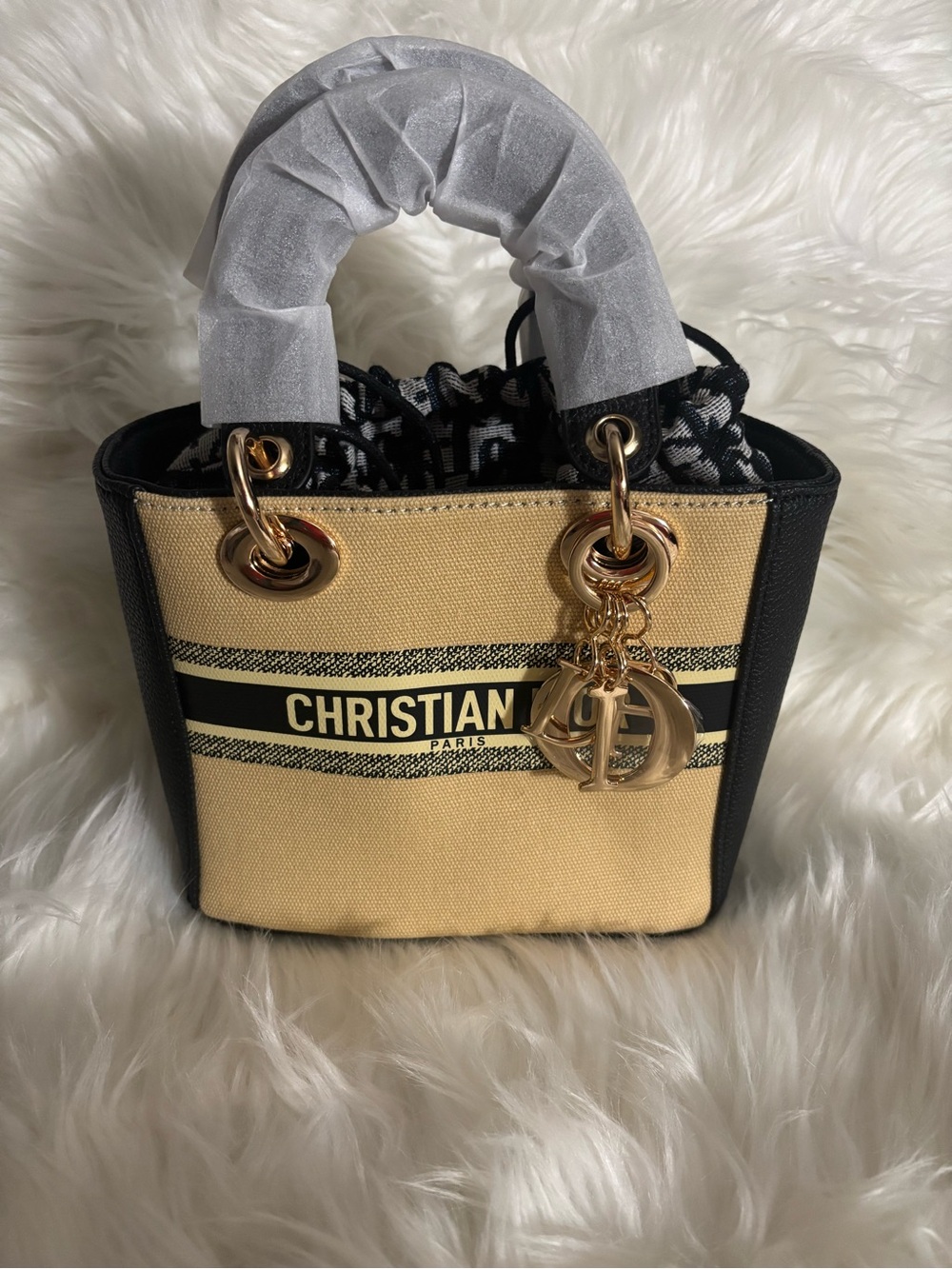 Beauty Top Handle Drawstring Tan and Black Mini Tote with Gold Hardware